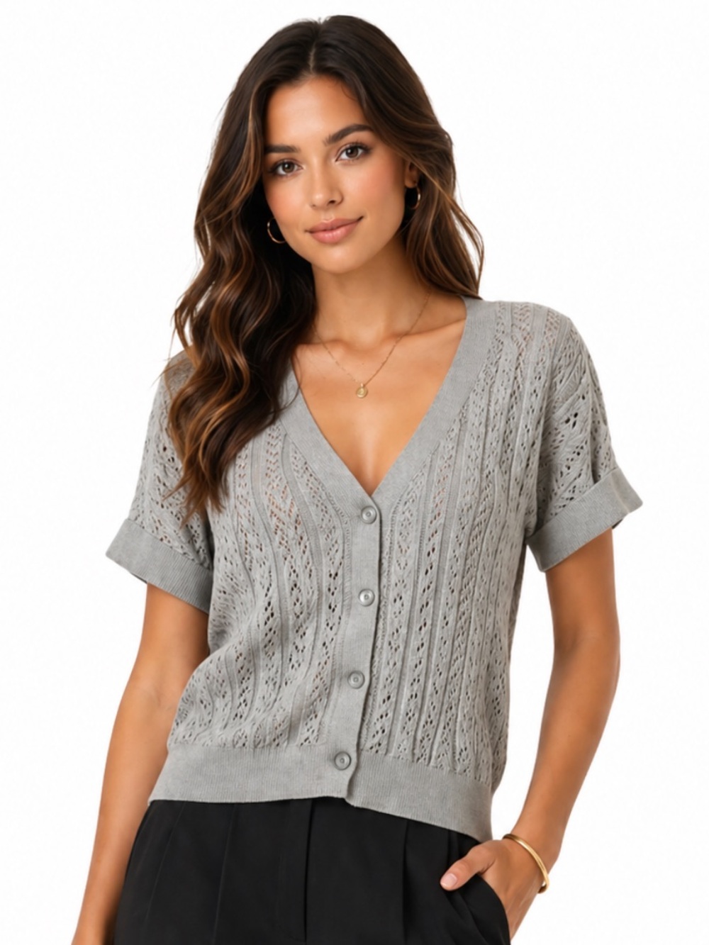 LOFT Pima Cotton Pointelle Knit Short Sleeve Cardigan Gray Button Front Size M